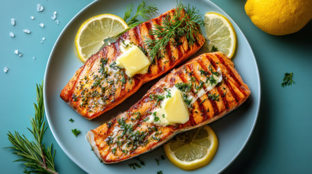 Indulge in these beautifully grilled salmon fillets garnished with fresh herbs and lemon slices, perfect for a healthy and elegant meal.の素材