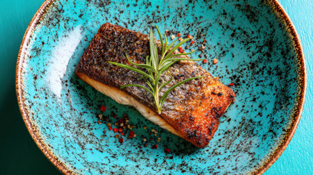 A beautifully grilled salmon fillet garnished with a fresh herb sits on an eye-catching blue plate, showcasing culinary artistry and vibrant colors.の素材