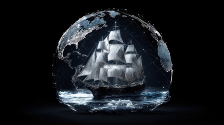 This artistic illustration features a majestic ship sailing within a globe, surrounded by water and digital networks, representing adventure and exploration.の素材