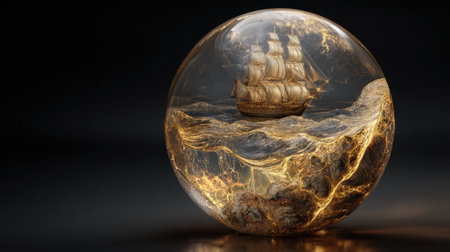 A stunning visual of a sailing ship encapsulated in a crystal sphere, surrounded by dynamic ocean waves and shimmering gold light, capturing the essence of adventure.の素材