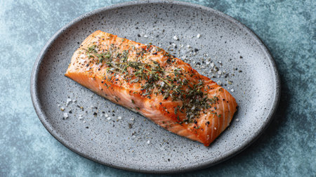 A beautifully presented salmon fillet garnished with fresh herbs and spices sits elegantly on a gray plate, showcasing its vibrant color and savory appeal.の素材