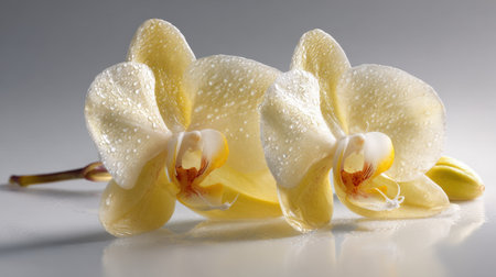 This captivating image showcases beautiful yellow orchid flowers adorned with water droplets, perfect for creating serene botanical illustrations or floral backgrounds.の素材