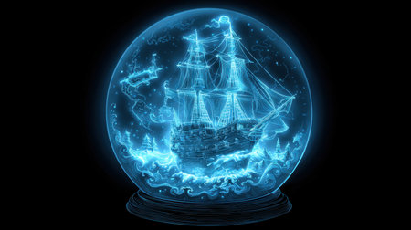A mesmerizing ship encapsulated within a shimmering snow globe, surrounded by enchanting waves, creating a magical and ethereal scene full of wonder.の素材