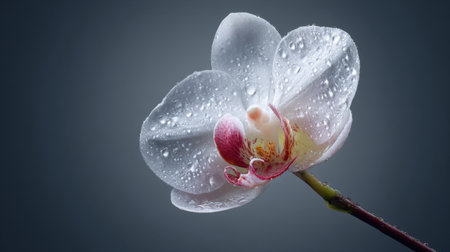 A stunning close-up of a delicate orchid flower adorned with glistening water droplets, set against a soft gray background, evoking tranquility and natural elegance.の素材