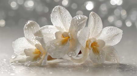 A stunning close-up image of elegant white orchid flowers adorned with delicate water droplets, set against a softly blurred background. Ideal for nature and beauty themes.の素材