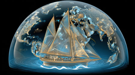This captivating digital artwork features a transparent ship encased within a shimmering globe, symbolizing adventure and exploration across vast oceans and worlds.の素材
