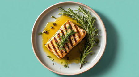 A beautifully styled grilled salmon fillet garnished with fresh rosemary and drizzled with olive oil, set on a light blue plate. Perfect for gourmet food presentations.の素材