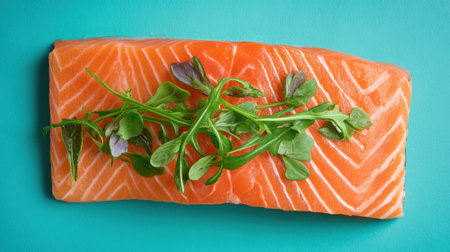 A beautiful salmon fillet garnished with fresh green herbs on a vibrant blue background, perfect for culinary presentations and healthy eating campaigns.の素材