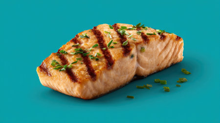 This beautifully presented grilled salmon fillet garnished with fresh chives sits on a vibrant background, perfect for food photography and culinary inspiration.の素材
