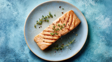 A beautifully grilled salmon fillet presented on a light blue plate, garnished with fresh thyme and sea salt, highlighting a delicious and healthy meal option.の素材