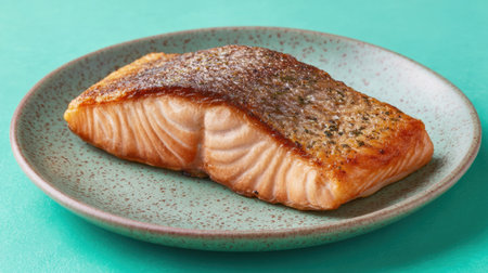 A beautifully prepared salmon fillet showcases a crisp skin and juicy texture, perfect for culinary inspiration in cooking or dining settings.の素材