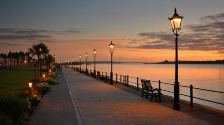 This serene image captures a tranquil waterfront path at dusk, adorned with vintage street lamps. The calm water perfectly reflects the beautiful sunset, enhancing the peaceful atmosphere.の素材