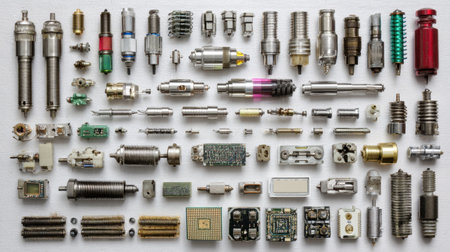 A comprehensive collection of assorted mechanical components and metal parts, ideal for engineering, manufacturing, and industrial applications showcasing precision and versatility.の素材