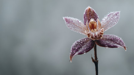 A stunning close-up of a delicate orchid petal adorned with water droplets, showcasing its vibrant colors and intricate details in soft natural light.の素材