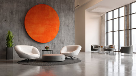 This modern interior design showcases stylish furnishings and a striking orange circle artwork, creating an inviting and elegant living space full of light.の素材