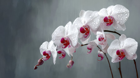 This stunning image features delicate white orchids adorned with water droplets, creating a serene atmosphere perfect for nature-themed projects and relaxation.の素材
