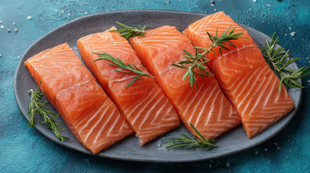 A visually appealing display of fresh salmon fillets garnished with herbs, perfect for culinary purposes, food photography, and recipe presentations.の素材