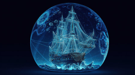 A stunning 3D wireframe model of a historical ship within a glass sphere, featuring an enchanting blue glow and intricate details, capturing the essence of adventure.の素材
