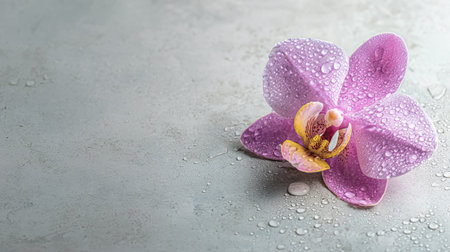 A stunning pink orchid flower adorned with shimmering water drops rests on a smooth gray surface, perfect for themes of beauty and tranquility.の素材