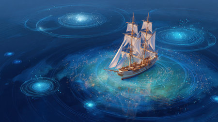 A vintage sailing ship glides through a mystical ocean, surrounded by glowing light circles and sparkling stars, creating a dreamlike and serene atmosphere.の素材