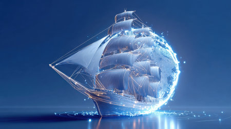 A stunning digital illustration showcasing a sailing ship model surrounded by captivating light and abstract elements, set against a bright blue backdrop.の素材