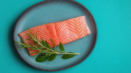 A vibrant presentation of fresh salmon fillet accompanied by aromatic herbs on a blue plate, perfect for culinary creatives and healthy meal planning.の素材