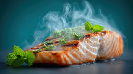 This captivating image features a grilled salmon fillet adorned with fresh herbs, creating an enticing visual that highlights its smoky aroma and delicious presentation.の素材