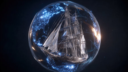 This captivating image features a classic ship enclosed in a transparent globe, surrounded by sparkling stars. It creates a surreal blend of oceanic adventure and cosmic beauty.の素材