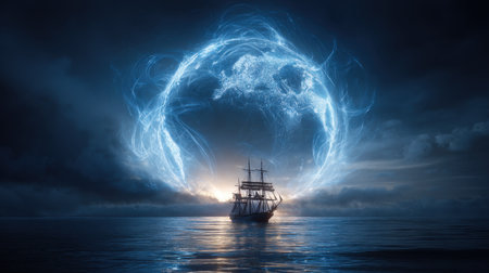 An evocative scene featuring a ship navigating dark waters beneath a stormy sky, with an ethereal blue sphere illuminating the horizon, suggesting adventure.の素材