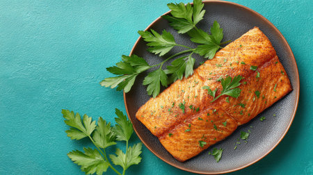 A beautiful grilled salmon fillet presented on a gray plate, garnished with fresh parsley, set against a vibrant turquoise background, showcasing gourmet food.の素材