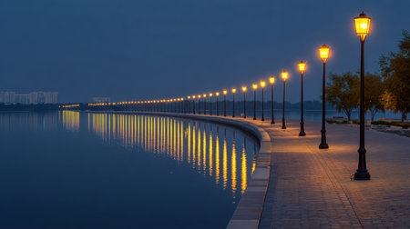 A serene evening scene showcasing a peaceful walkway by the water, lined with vintage street lamps casting a warm glow, creating a tranquil atmosphere.の素材