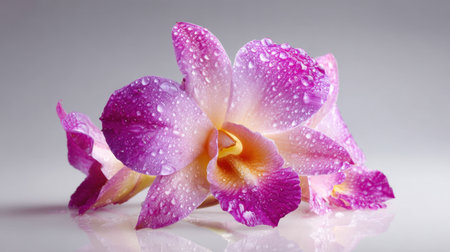 This captivating close-up features a pink orchid flower adorned with glistening water droplets, set against a soft gray background, exuding natural beauty.の素材