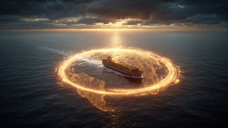 A futuristic view of a container ship navigating through the ocean, surrounded by a glowing network data visualization, reflecting innovation in maritime transport.の素材