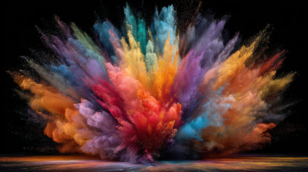 A captivating image of a vibrant explosion of colors against a black background, showcasing a dynamic mix of dust and pigment particles in vivid hues.の素材