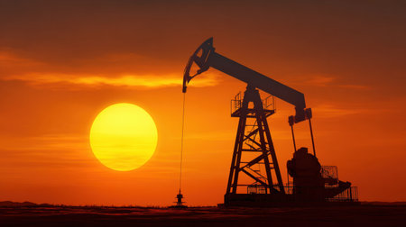 A striking silhouette of an oil pump jack against a vivid sunset creates a powerful image of the energy industry, highlighting machinery and nature.の素材