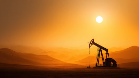 An oil pump jack stands silhouetted against a stunning golden sunset in a desert landscape, showcasing the intersection of nature and energy production.の素材