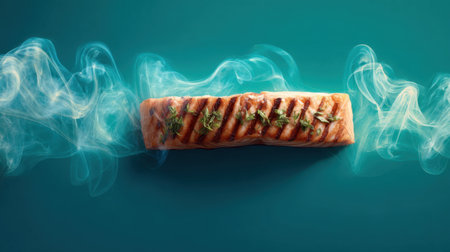 A beautifully grilled salmon fillet garnished with fresh herbs and surrounded by delicate swirling smoke, set against a vibrant teal backdrop.の素材