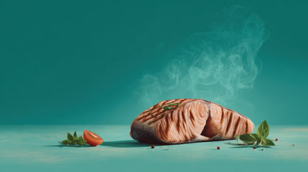 A beautifully presented freshly cooked salmon fillet with herbs and a hint of smoke, resting on a vibrant surface, ideal for culinary showcases.の素材