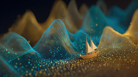 This stunning digital artwork features a sailing ship navigating vibrant waves, illuminated by glowing particles and flowing lines. The abstract design captures the essence of adventure and serenity in a captivating visual experience.の素材