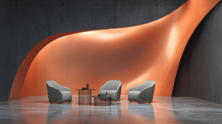 A striking modern interior featuring stylish chairs paired with a curved orange wall, creating an elegant and inviting atmosphere perfect for relaxation.の素材