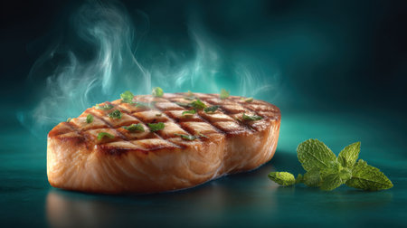 A beautifully grilled salmon fillet sits on a dark blue background, surrounded by fresh mint leaves. Steam rises, enhancing the aesthetic appeal of this gourmet dish.の素材