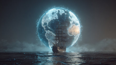 A stunning scene featuring a majestic ship sailing across dark waters with a glowing 3D representation of Earth in the background, creating a surreal atmosphere.の素材