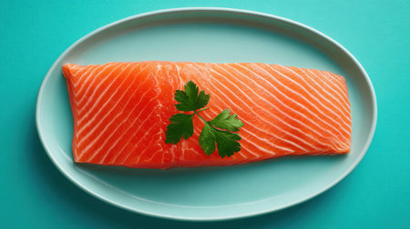 A beautifully presented raw salmon fillet garnished with fresh parsley on a light blue plate. Perfect for promoting healthy eating and culinary creativity.の素材