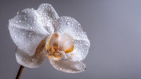 This stunning close-up image captures the beauty of a white orchid flower adorned with glistening water droplets, set against a soft gray backdrop.の素材