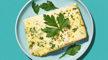 A beautifully plated egg dish infused with fresh herbs, garnished with parsley. This vibrant presentation highlights the delicious homemade meal, perfect for any culinary setting.の素材