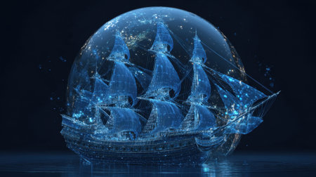 This stunning digital artwork features a blue transparent ship encased in a floating glass sphere, set against a dark backdrop, evoking a sense of adventure and imagination.の素材