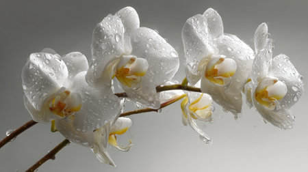 A stunning close-up of white orchid flowers adorned with water droplets captures the essence of nature's elegance and beauty against a soft gray backdrop.の素材