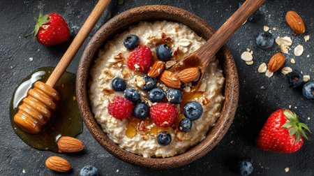 A vibrant bowl of oatmeal topped with fresh strawberries, blueberries, almonds, and honey, perfect for a nutritious breakfast or snack, showcasing healthy eating.の素材
