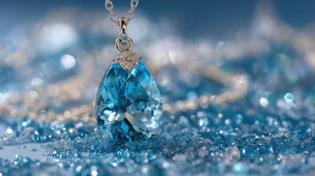 A captivating close-up of a teardrop blue gemstone pendant necklace, resting elegantly amidst sparkling blue elements, showcasing luxury and beauty.の素材