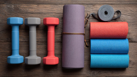 Brightly colored dumbbells and exercise mats are organized on a rustic wooden surface, ideal for fitness enthusiasts seeking inspiration for home workouts.の素材